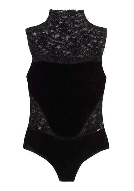 Weili Zheng Body Bi-Tessuto in Pizzo e Velluto Rasato Nero Donna WEILI ZHENG | Body | F26BS03B184